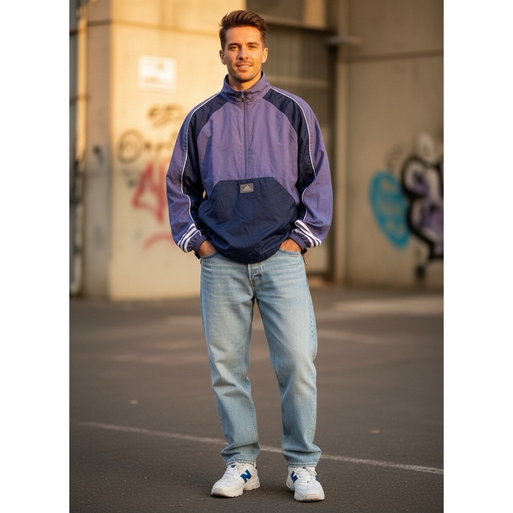 VTG 90s Y2K Adidas Blue Two Tone Half Zip‎ Windbreaker Jacket Medium0119